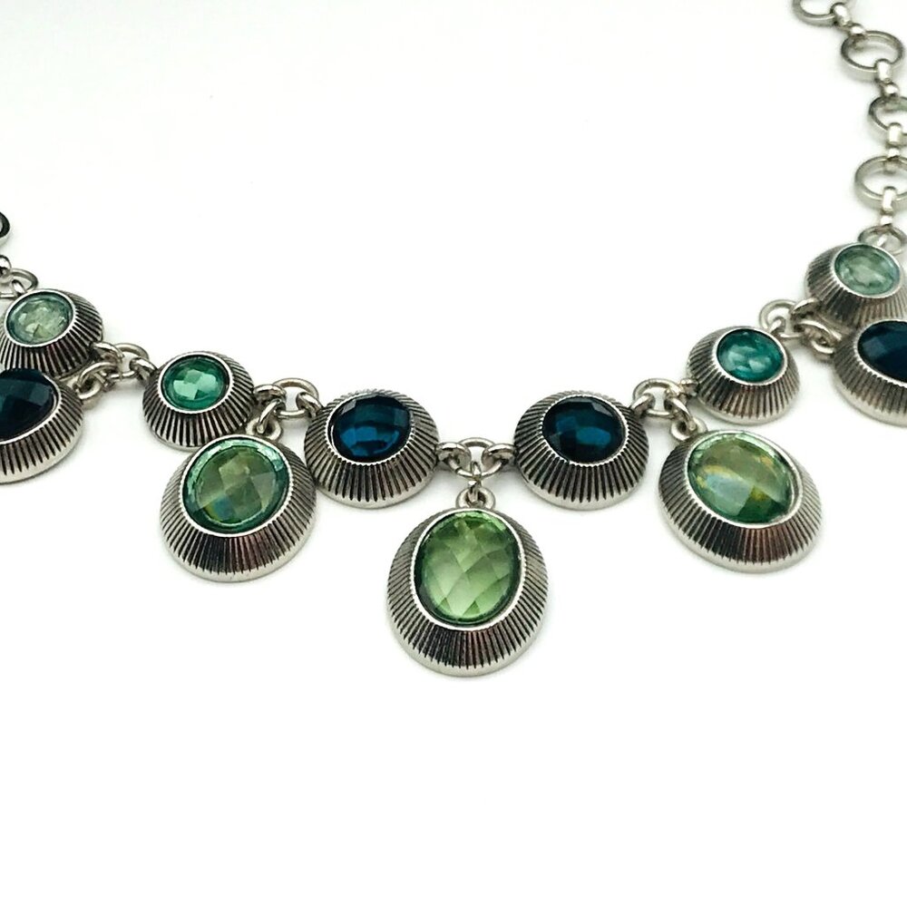 Silver Tone Chain Necklace With Green & Blue Gemstone Accents